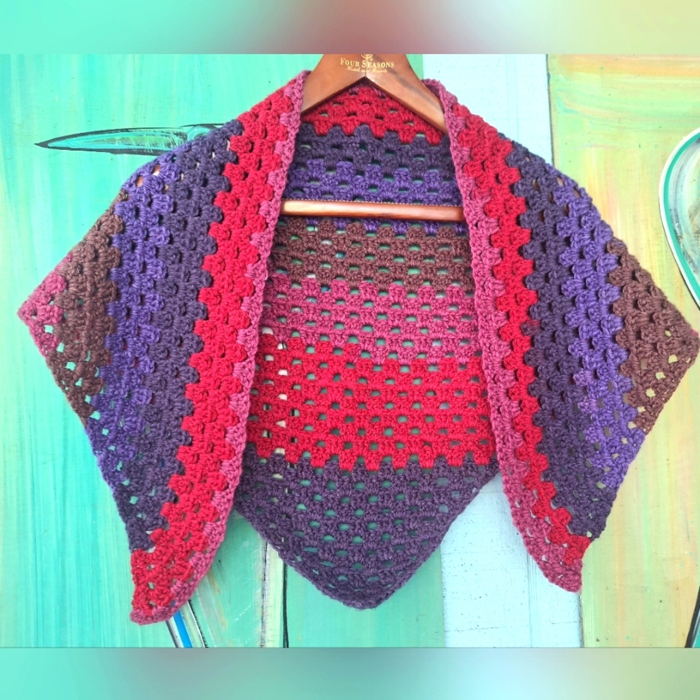 Vintage handmade crochet knit shawl multicolored pink purple brown